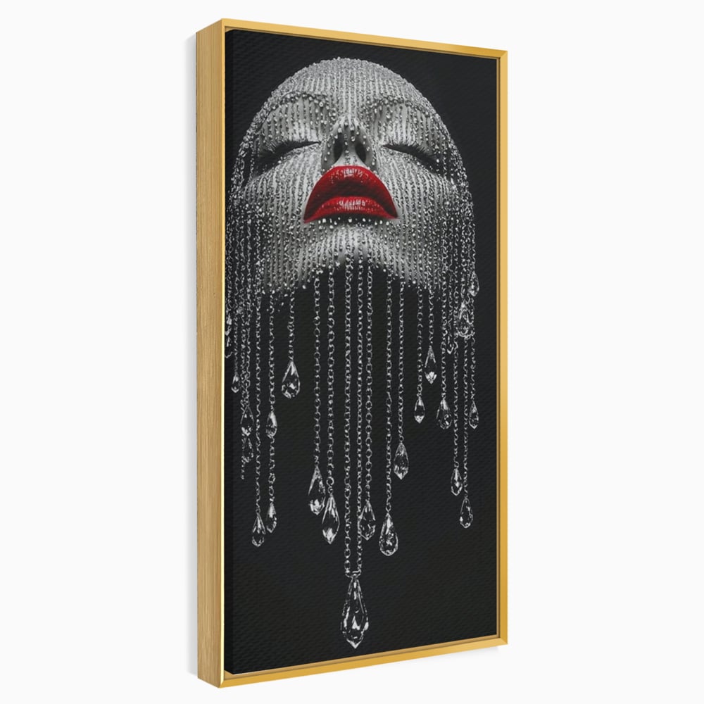 Tablou canvas cu tablou portret femeie cu cristale si buze rosii, in rama de aluminiu auriu